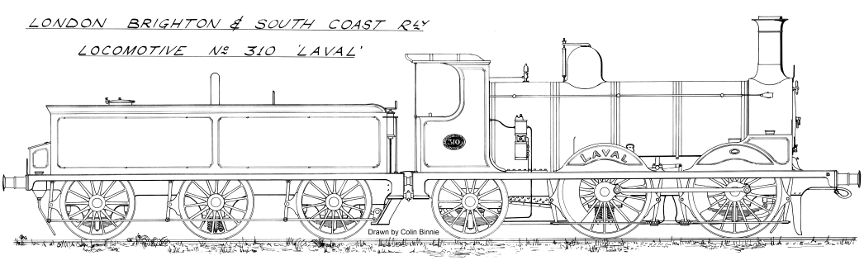 LBSCR Stroudley`s class D2 Laval. Side view drawing. Drawing by Colin Binnie