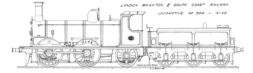 LBSCR Stroudley`s class D2 Nice. Side view drawing. Drawing by Colin Binnie