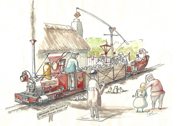 Droodle. Santa and Rudolf macking christmas deliveries by narrow gauge rail. Colin Binnie